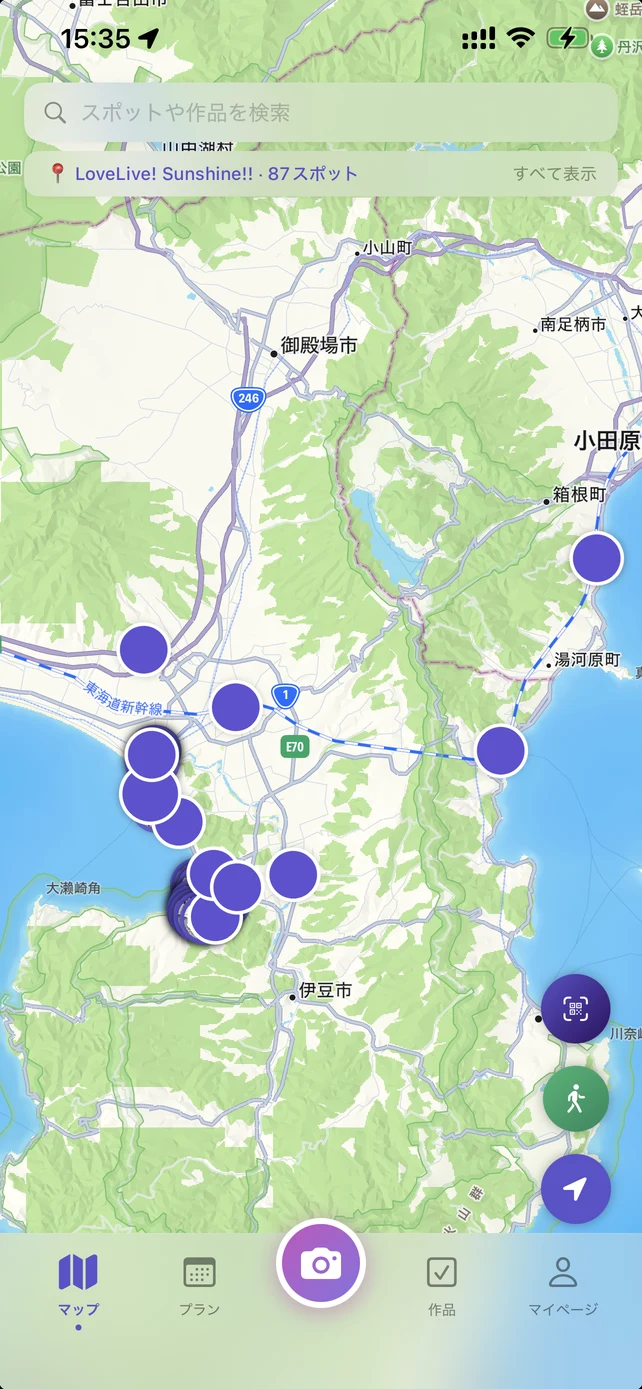 OTABiS アプリ画面 — 聖地マップ
